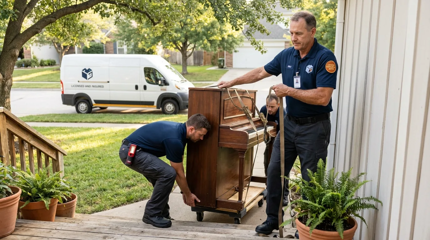 Licensed piano movers securing grand piano in Mountain Grove, MO