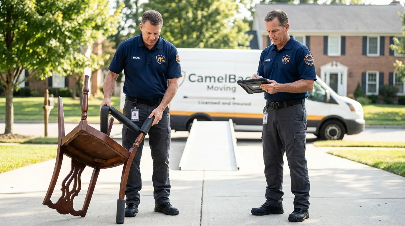 Movers inspecting furniture for damage prevention before loading in Mountain Grove, MO