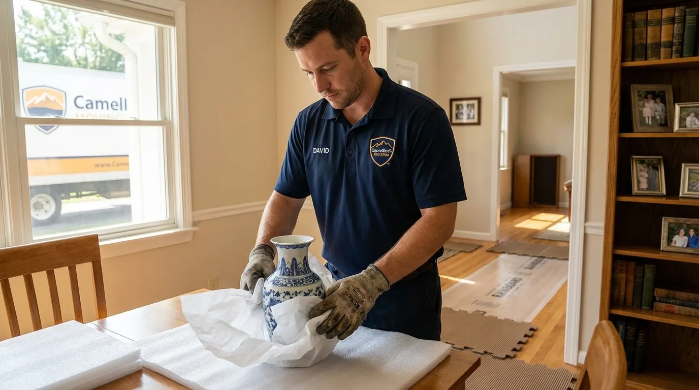 Professional crew carefully wrapping antique vase for senior downsizing move in Mountain Grove, MO